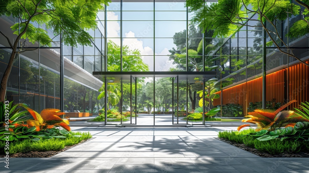 Obraz premium Modern glass building lobby with lush indoor garden, sunlight, and green landscaping. Contemporary architectural design and urban nature integration.