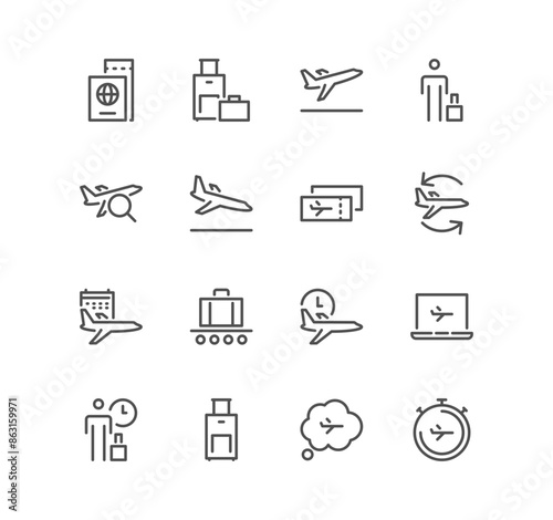 Set of airport related icons, departure, tickets, baggage claim and linear variety vectors.	
