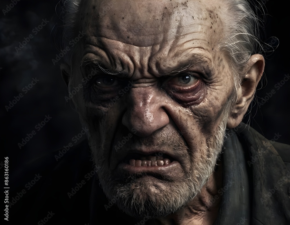 Close Up Portrait of an Angry Elderly Man With Gray Hair and a Black Shirt Close Up Portrait of an Angry Elderly Man With Gray Hair and a Black Shirt