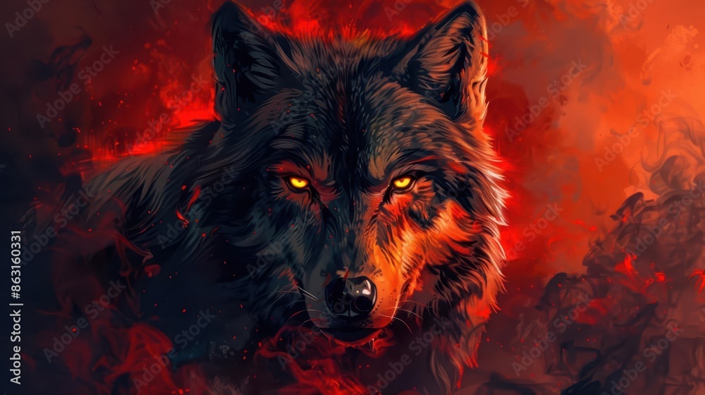 fierce wolf with glowing yellow eyes intense red and black color scheme digital art fierce wolf with glowing yellow eyes intense red and black color scheme digital art