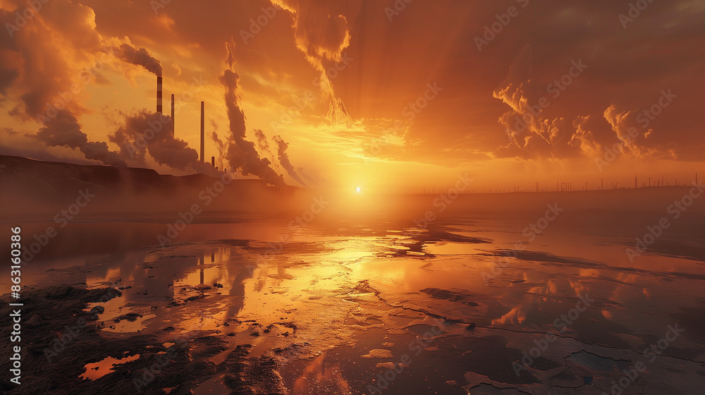 City skyline at sunset with a calm, ice-strewn sea. City skyline at sunset with a calm, ice-strewn sea.