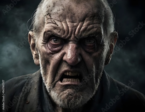 Close Up Portrait of an Angry Elderly Man With Gray Hair and a Black Shirt © ElseThen