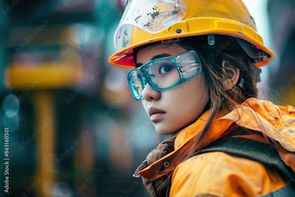 A woman wearing a yellow jacket and a hard hat,, generative ai image A woman wearing a yellow jacket and a hard hat,, generative ai image