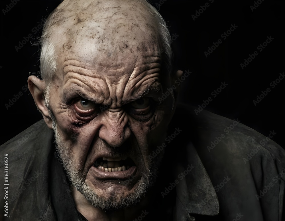 Close Up Portrait of an Angry Elderly Man With Gray Hair and a Black Shirt Close Up Portrait of an Angry Elderly Man With Gray Hair and a Black Shirt
