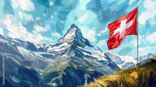 watercolor illustration, vintage postcard, Swiss National Day, Swiss flag flying on the background of a mountain landscape photo