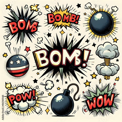 Comic bomb boom vector element featuring hand-drawn cartoon explosions and splashes with expressive text like boom, pow, and wow. Vector illustration. photo