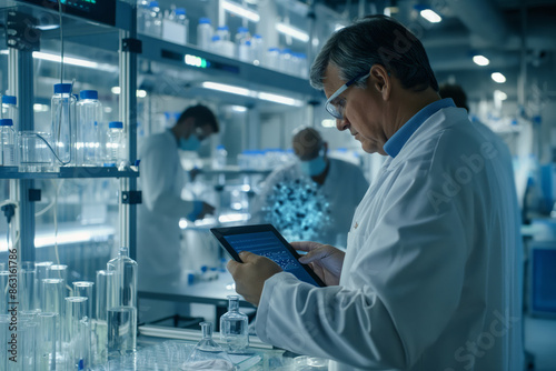 Biochemist Examining Virus Manifestations on a Tablet in a Laboratory