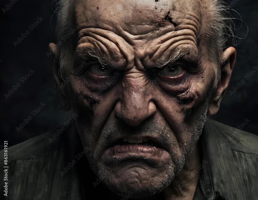 Close Up Portrait of an Angry Elderly Man With Gray Hair and a Black Shirt Close Up Portrait of an Angry Elderly Man With Gray Hair and a Black Shirt