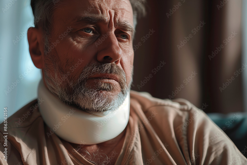 Close-Up of an Adult Male Wearing a Cervical Collar Indoors Close-Up of an Adult Male Wearing a Cervical Collar Indoors