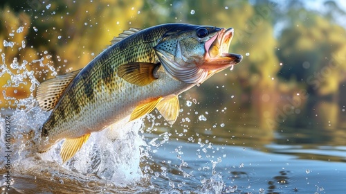 Jumping bass fish in lake setting.