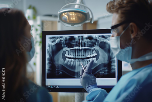 Dentist Discusses Oral Hygiene With Patient Using Dental X-Ray In Office photo