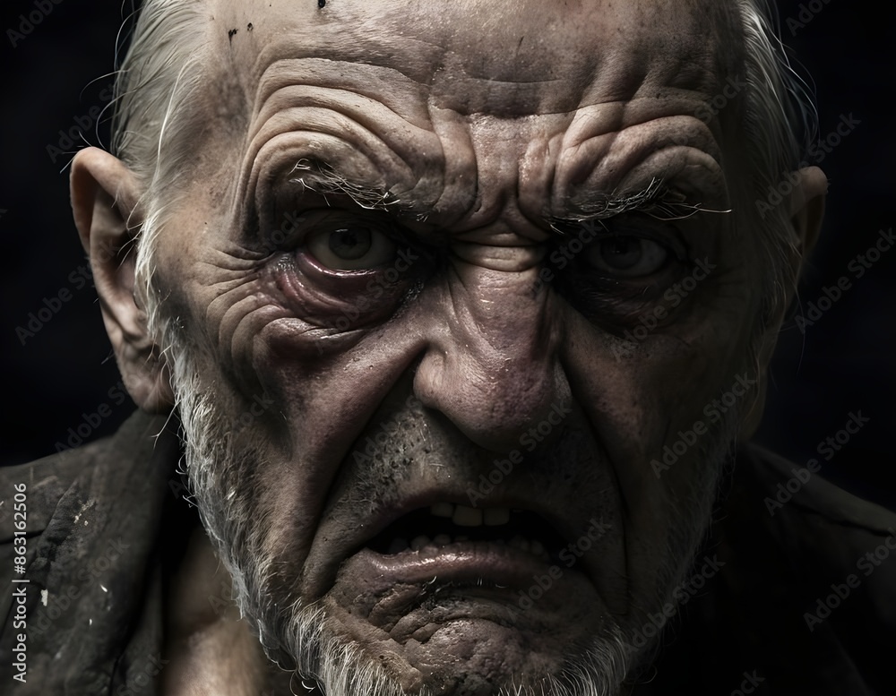 Close Up Portrait of an Angry Elderly Man With Gray Hair and a Black Shirt Close Up Portrait of an Angry Elderly Man With Gray Hair and a Black Shirt