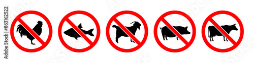 Non-vegetarian prohibited red ban symbol with beef, pig, goat, fish and chicken meat forbidden icon set. Non-veg ban icons collection.