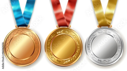 Set of medals for first, second, and third place, each with a gold, silver, or bronze finish and attached ribbons photo