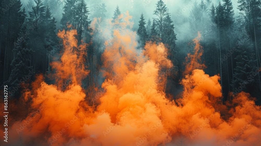 Fototapeta premium Misty forest background with dynamic orange smoke