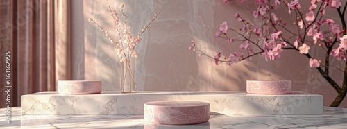 White Marble Product Display Platform With Blossom Branch and Sunlit Shadows