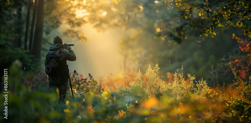 Photographer Capturing Wildlife in Morning Light photo