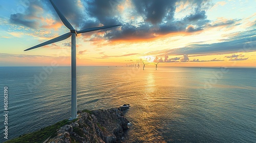 Wind turbines at sunset in a green technology landscape