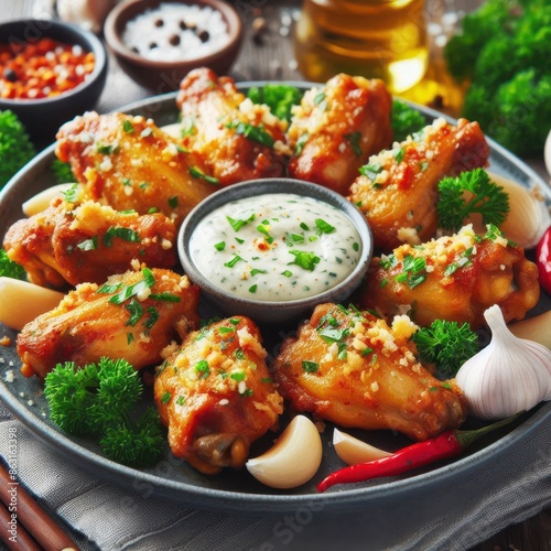 Herb and Cheese Heaven: A plate of juicy Garlic Parmesan Wings with dip - a close-up dream. generative AI © EVISUAL