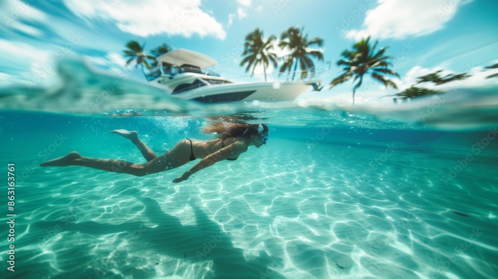 A person is swimming in sea water with a yacht in background. A person is swimming in sea water with a yacht in background.
