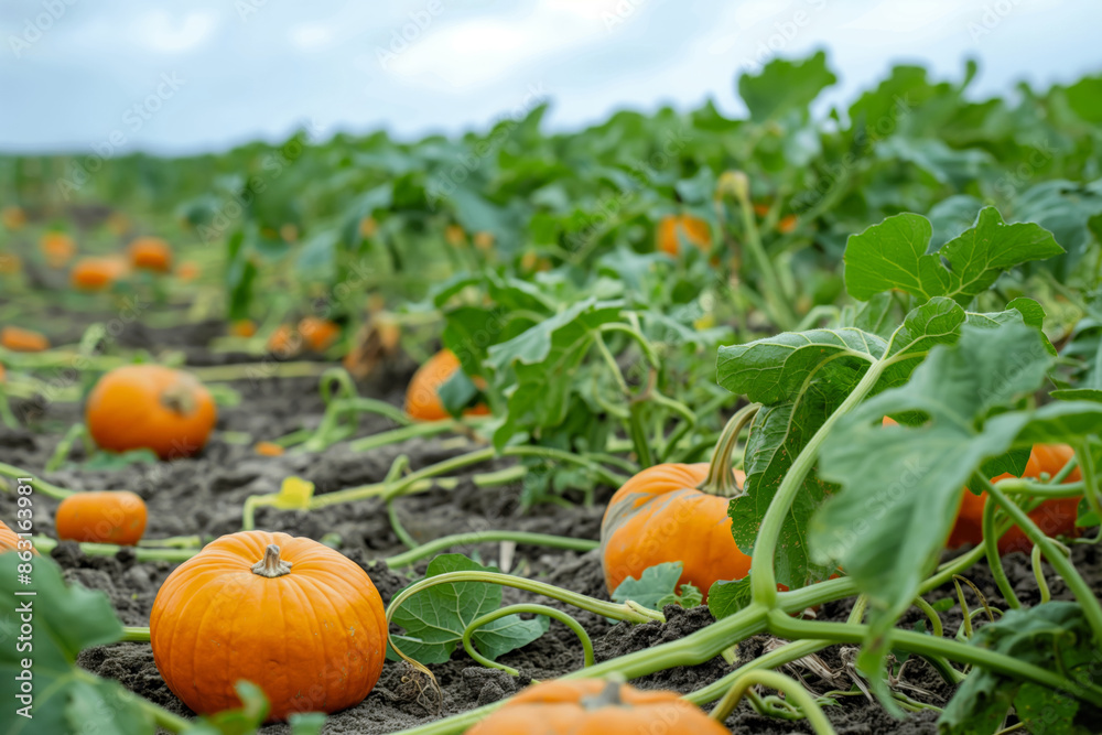 In the soil, vines support a patch of pumpkins, a type of fruit. They are one variety of squash, a type of natural and healthy food plant, with a Rangpur citrus hanging above In the soil, vines support a patch of pumpkins, a type of fruit. They are one variety of squash, a type of natural and healthy food plant, with a Rangpur citrus hanging above