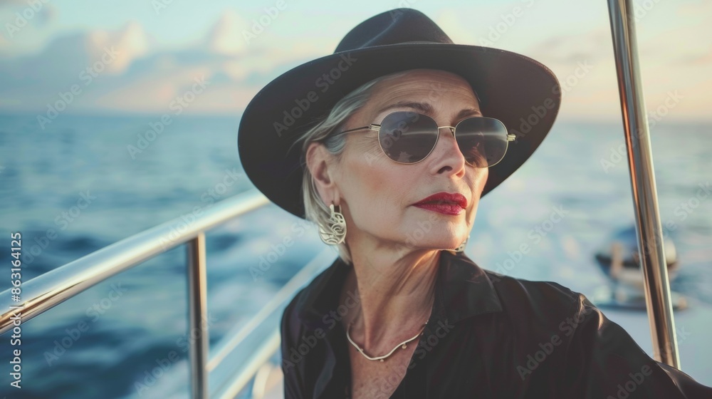 Fashion portrait of a senior female model on yacht in sea. Fashion portrait of a senior female model on yacht in sea.
