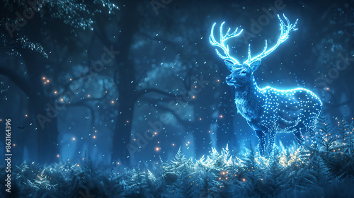 Ethereal Deer with Glowing Antlers in Enchanted Forest - Copy Space on Right