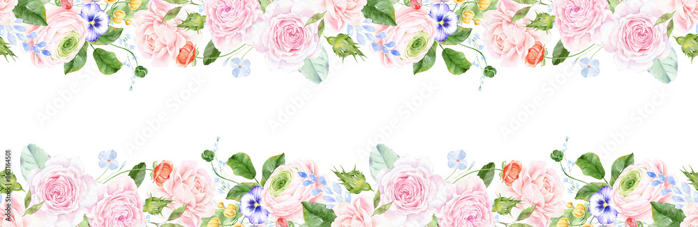 Watercolor floral border with pink roses flowers and green leaves ...