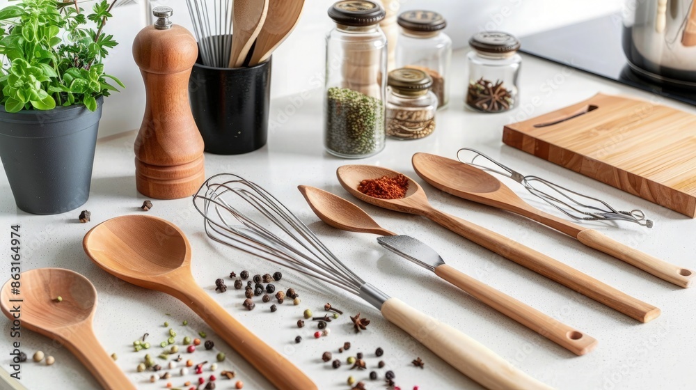 A modern kitchen setting with wooden spoons, whisks, and various spices and herbs spread across a clean white countertop, reflecting a functional and stylish cooking space. A modern kitchen setting with wooden spoons, whisks, and various spices and herbs spread across a clean white countertop, reflecting a functional and stylish cooking space.