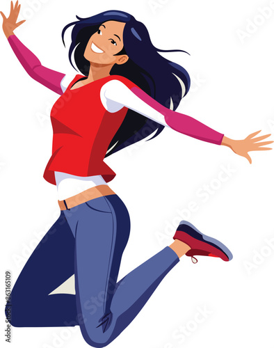 Woman girl with open arms jumps