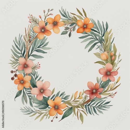 Watercolor botanical wreath on white background featuring eucalyptus, cedar, and pine for winter season
