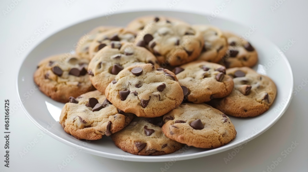 Plate of chocolate chip cookies on a white backdrop Plate of chocolate chip cookies on a white backdrop