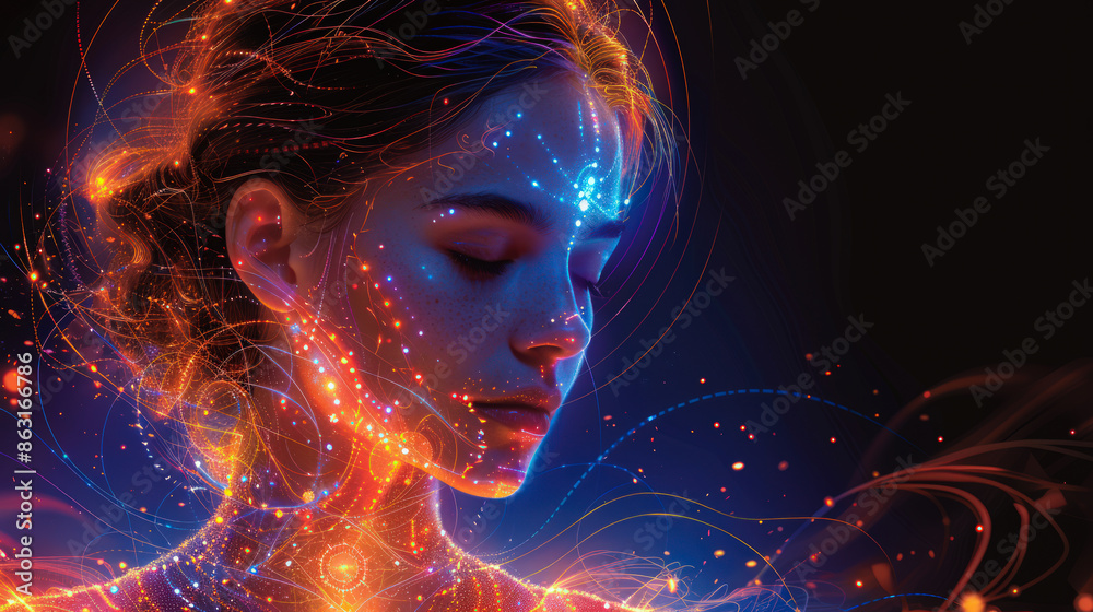 Fototapeta premium Radiant Harmony: Woman in Meditative Pose with Glowing Energy