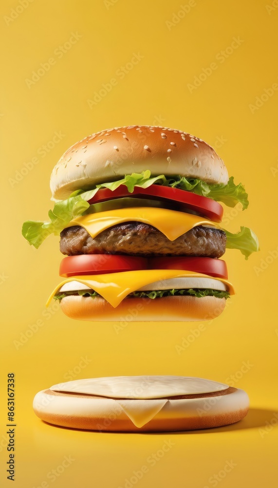 View of delicious burger with buns and cheese on flat yellow background View of delicious burger with buns and cheese on flat yellow background