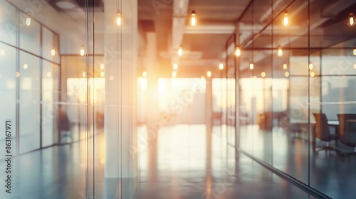 Modern Office Interior with Glass Walls and Sunlight. Bright Open Workspace with Contemporary Design and Lighting