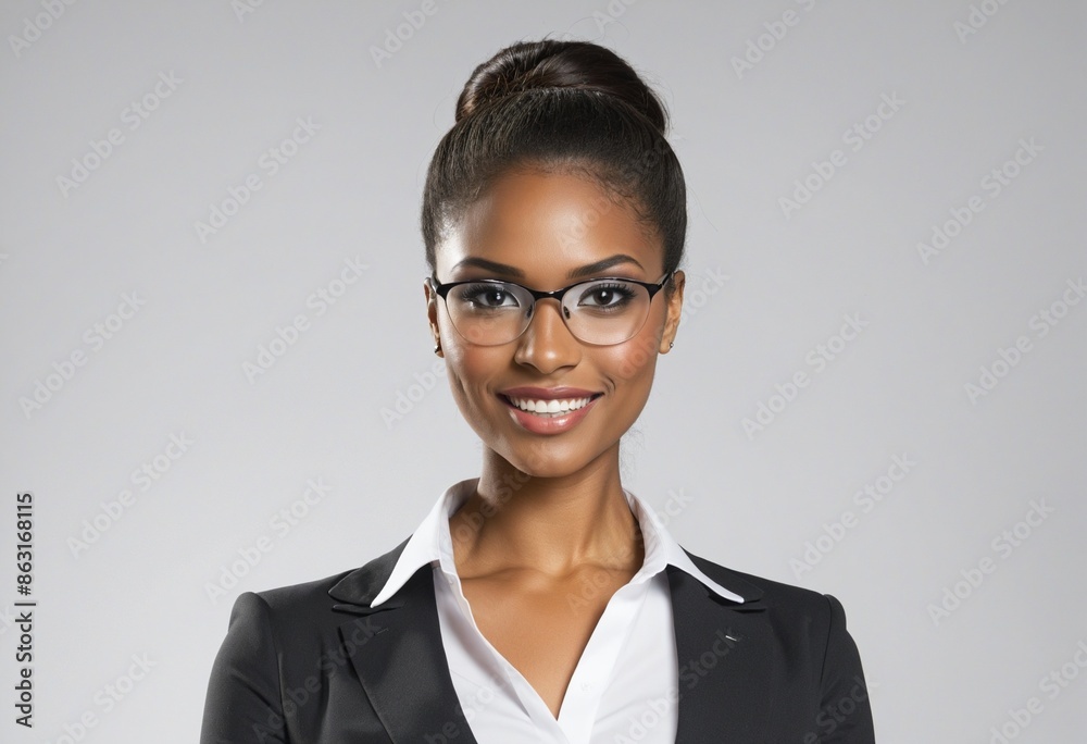 Successful and elegant corporate executive posing confidently in goggles, radiating beauty and career success with a bright smile, against a white office background Successful and elegant corporate executive posing confidently in goggles, radiating beauty and career success with a bright smile, against a white office background