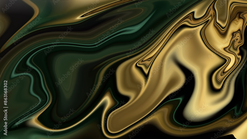Obraz premium 4K Gold design elements on a background of green and grey design, abstract marble alcohol ink background with flowing texture, luxury.