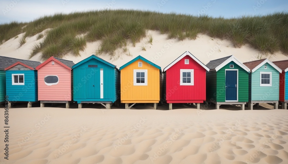 Sandy shores: picturesque wooden huts by the beach in Brighton, England Sandy shores: picturesque wooden huts by the beach in Brighton, England