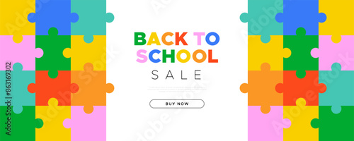 Back to school sale geometric web banner template. Modern flat puzzle piece cartoon icon background, fun jigsaw shape illustration. Children education shop, online business discount design.
