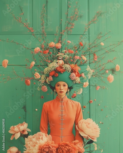 A woman in an ornate hat, sitting against a floral background