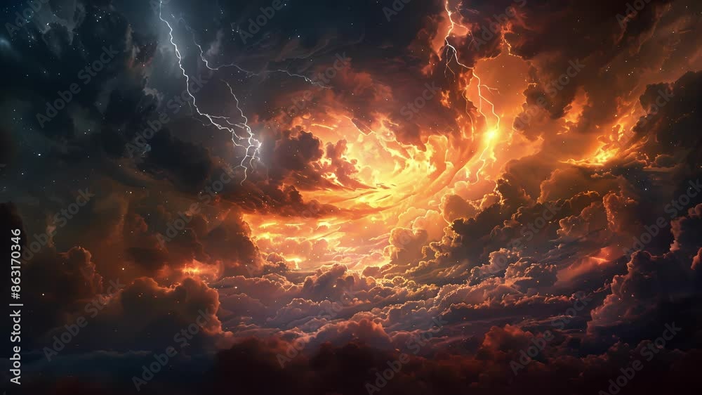 A raging storm tore through the sky bolts of lightning illuminating the dark clouds with flashes of whitehot fire. A raging storm tore through the sky bolts of lightning illuminating the dark clouds with flashes of whitehot fire.