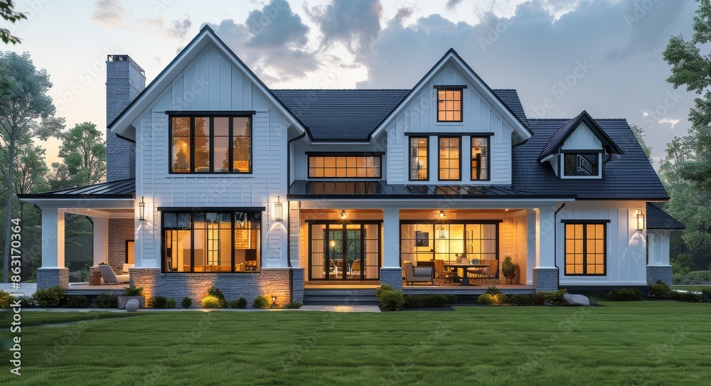 Modern White House With Large Windows at Dusk Modern White House With Large Windows at Dusk