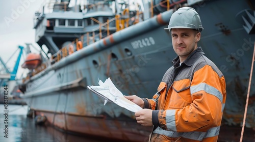 Industry manager at a shipyard coordinating construction, watercolor style, maritime industry photo