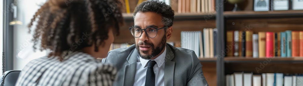 A professional business meeting between a man in a suit and a woman in an office library setting. A professional business meeting between a man in a suit and a woman in an office library setting.