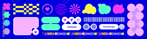 Set of Trendy Y2k Web Design elements, Funny stickers, bold shape. Web blocks, buttons concept. web shapes with trendy Y2k elements. Trending brick Ui UX template. Colorful retro empty sticker