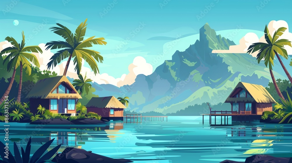 Naklejka premium Vector illustration of beautiful scenic landscape of tropical sea beach.