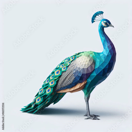 Low Polygon Style Animal peacock isolated on a White Background - Modern and Colorful Geometric Art