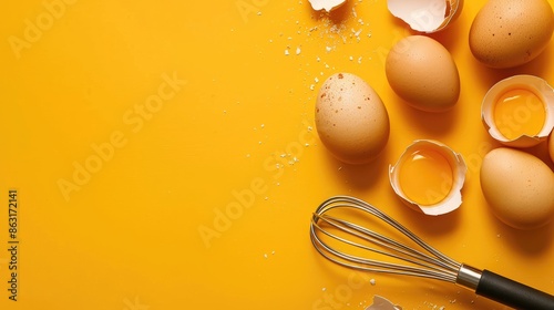 Metal whisk raw eggs and shells arranged on a yellow surface in a flat lay style Banner layout featuring ample room for text photo