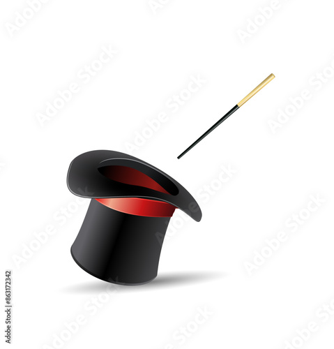 Magic hat and wand with sparkles. Magical stars glow. Vector illustration realistic design. Isolated on white background. Tricks, focus and illusions. Vector