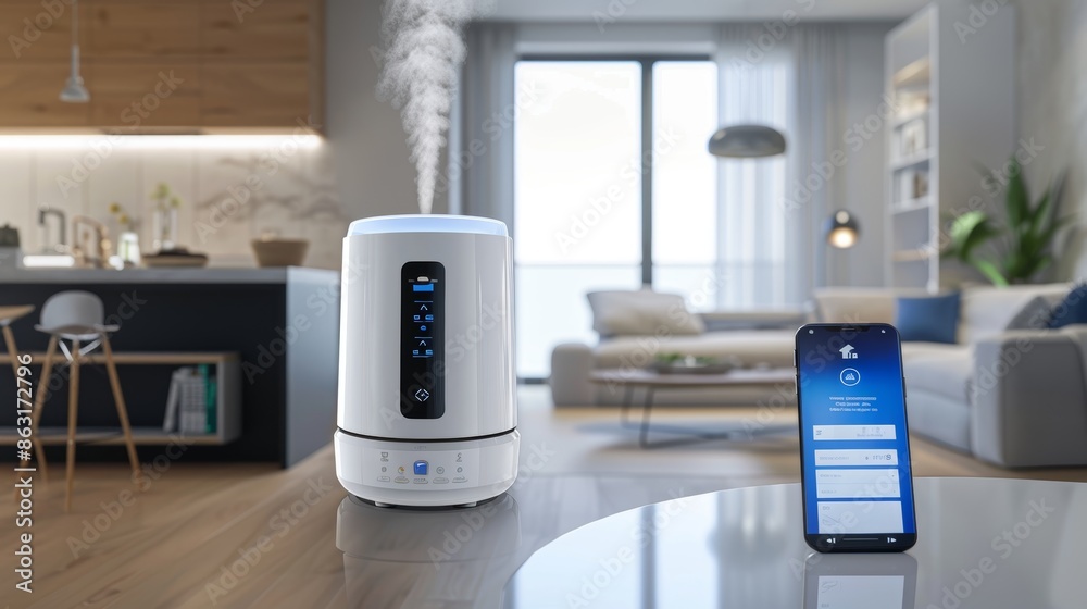 High-Tech Smart Air Humidifier in Modern Home Setting with Smartphone Control Display High-Tech Smart Air Humidifier in Modern Home Setting with Smartphone Control Display